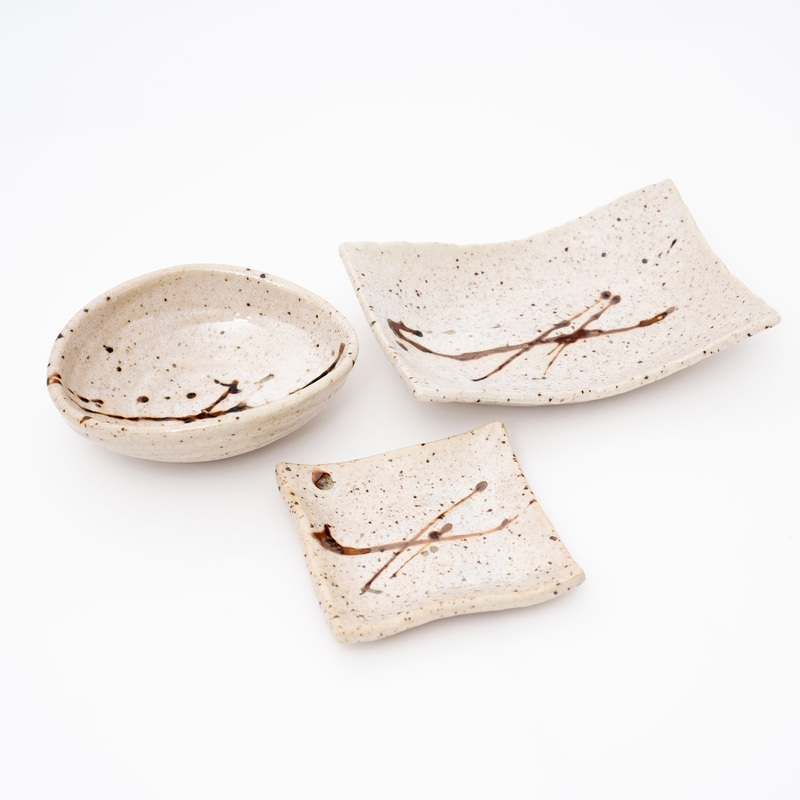 Handcrafted Japanese Speckled Porcelain Appetizer Plates & Bowl | Made in Japan