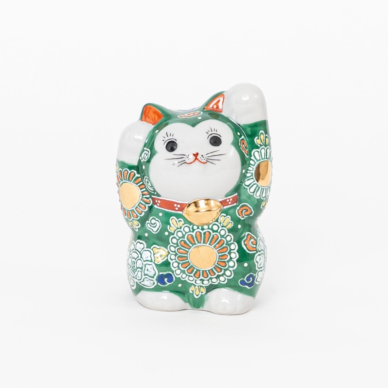 Premium Kutani Ware Maneki Neko Green Hand-Painted Lucky Cat with Real Gold
