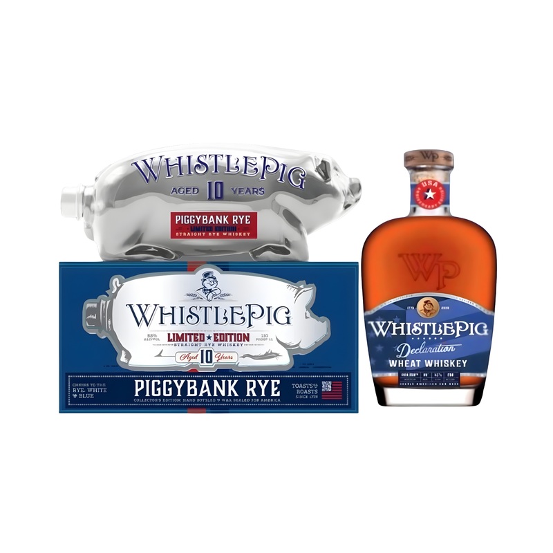 WhistlePig U.S.A. 250th Birthday Bundle: PiggyBank Rye White & Blue Limited Edition + Declaration Wheat Whiskey Limited Edition